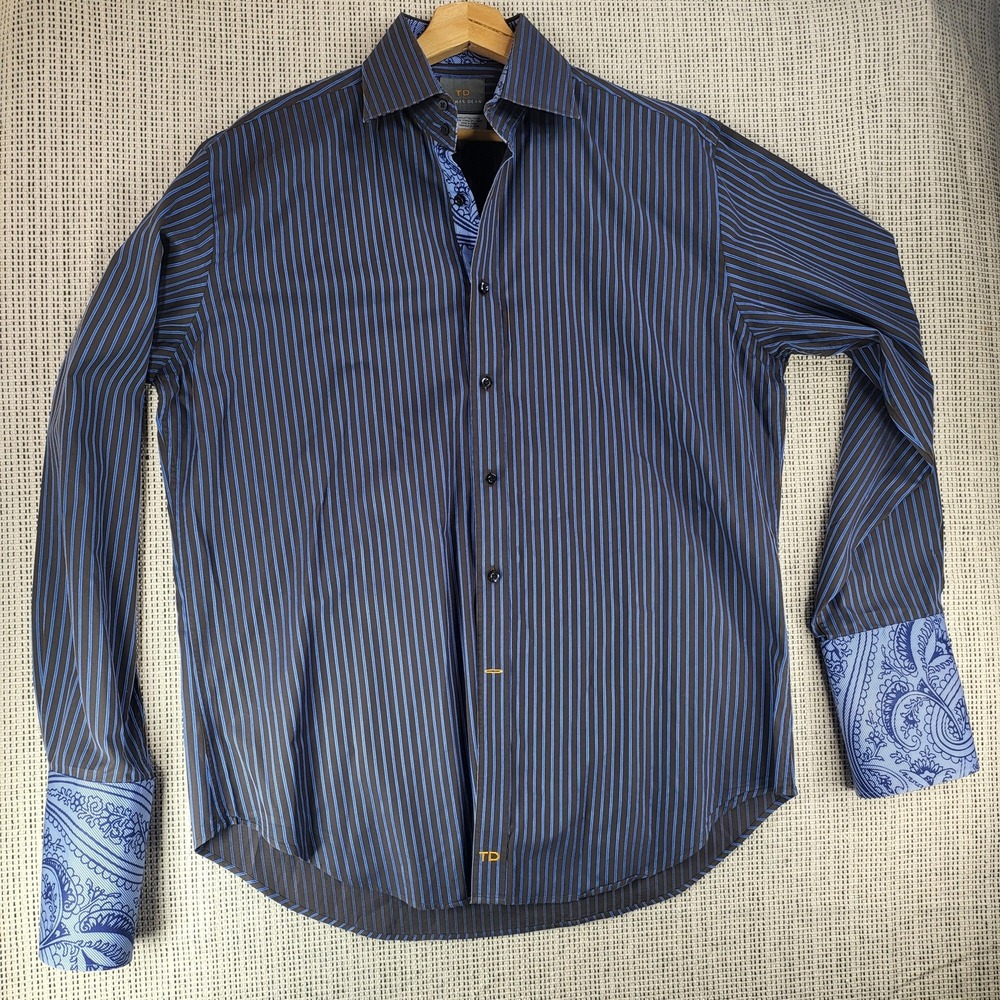 Thomas Dean Shirt Mens Large Blue Stripe Paisley Trim Long Sleeve Cotton Dress